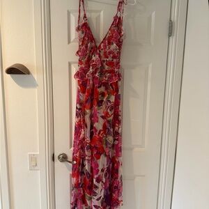 Misa Los Angeles Pink and Red Floral Halter Dress